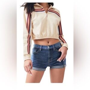 PS/LA California Beige Striped Quarter Zip Cropped Sweatshirt Size Small